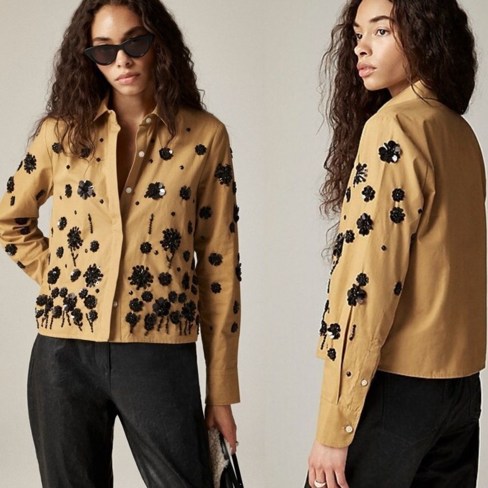 J. Crew Tan Poplin Buttondown Top with Black Floral sequins and Appliqués, sz.4